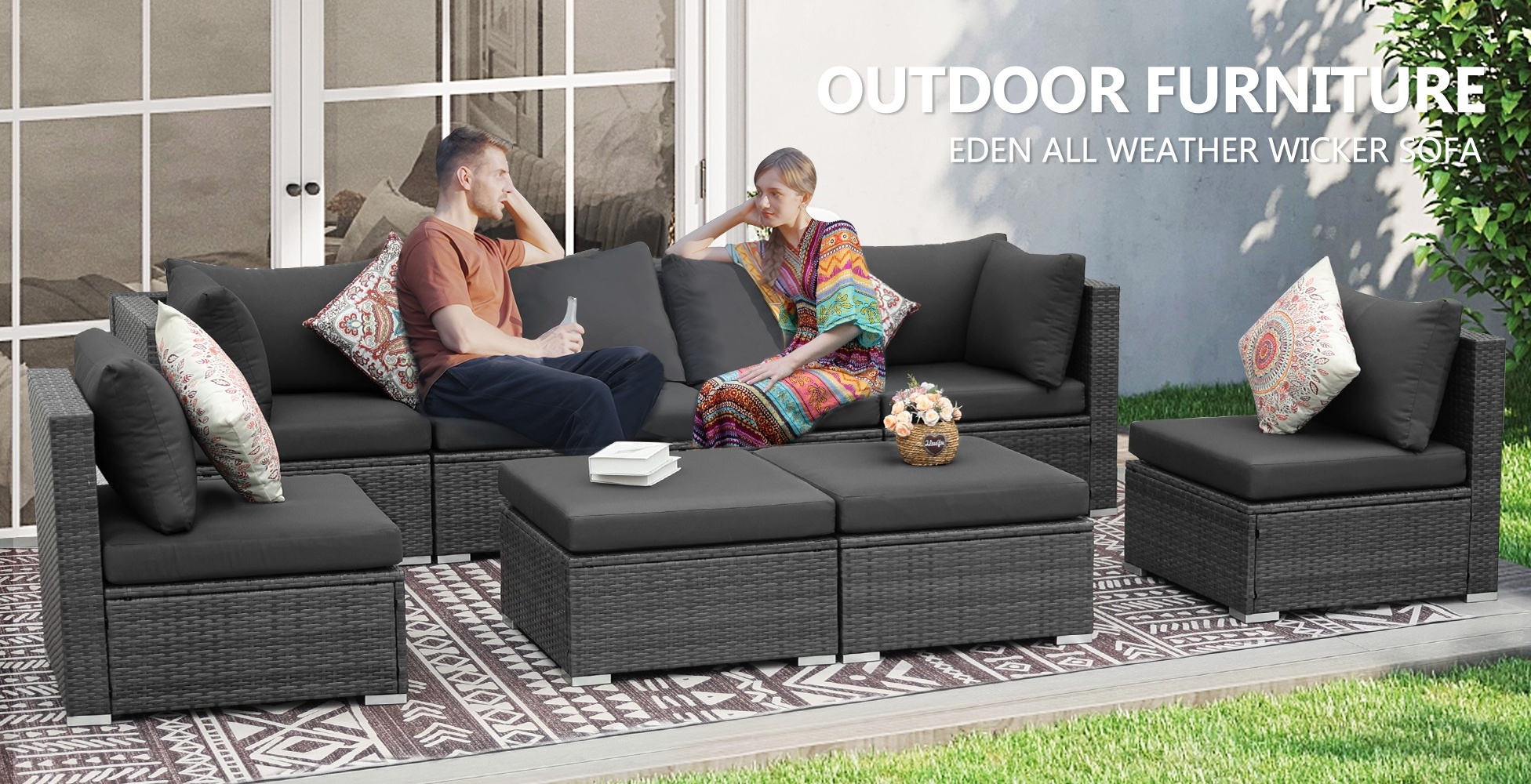 NICESOUL 9Pcs Gray Wicker Rattan Outdoor Furniture, Fire Pit Table