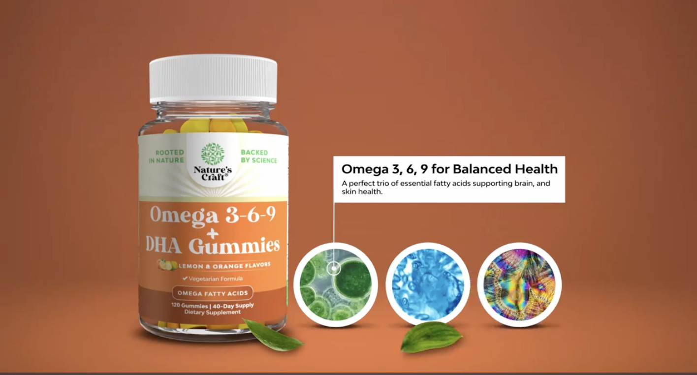 thumbnail video image 2 of Vegetarian Omega 3 6 9 DHA Gummies for Adults - Brain Bone and Heart Health and Joint Support - Burpless Fish Free Plant Based Supplement for Men and Women, 2 of 9