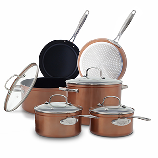 thumbnail video image 2 of Nuwave 10PC Cookware set, Rustic Copper Duralon Blue Ceramic Non-Stick Cookware Set, 2 of 11