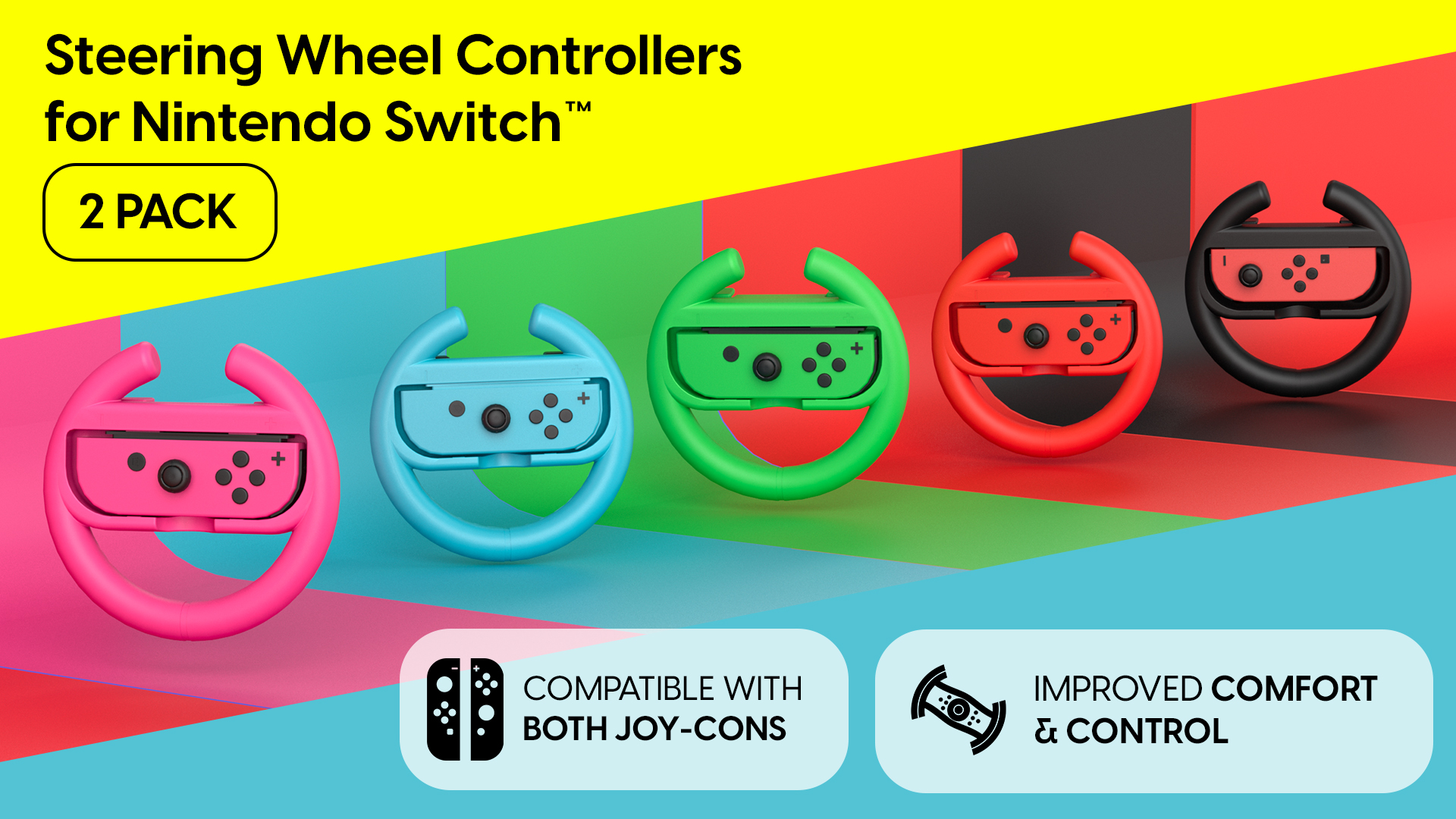 thumbnail video image 2 of TALK WORKS Pack of 2 Nintendo Switch Steering Wheel Controllers Joy-Con Gaming Accessories, Blue & Red, 2 of 7