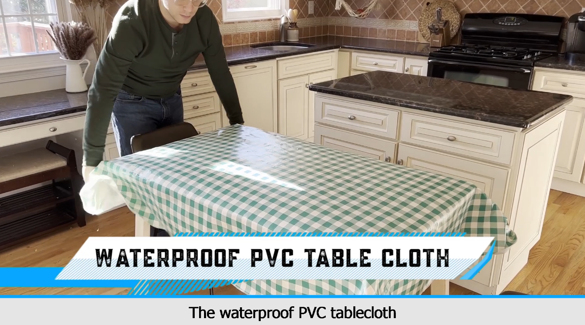 thumbnail video image 2 of Sorfey Checkered Dining Table Cover Vinyl Table Cloth with Flannel, Green 84" x 60", 2 of 8