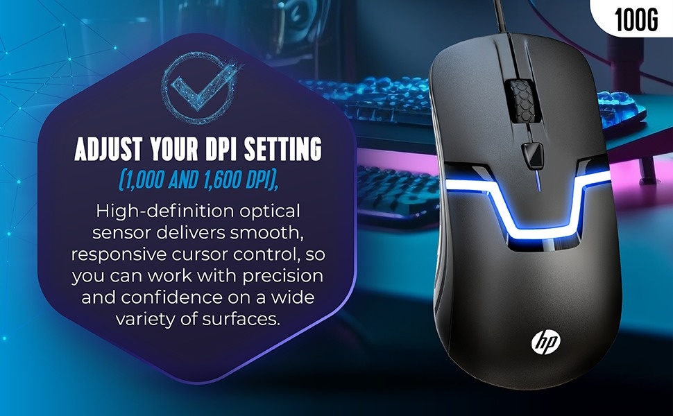 HP Wired Gaming Optical Mouse with LED Backlight, Adjustable 1000