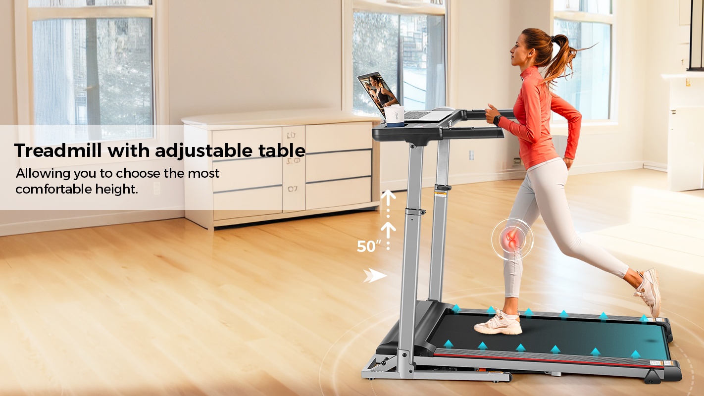Treadmill With Desk Workstation & Adjustable Height 300 LBS Weight Capacity Folding Treadmill Bluetooth Speaker Portable Walking Pad Treadmill Desktop Offic