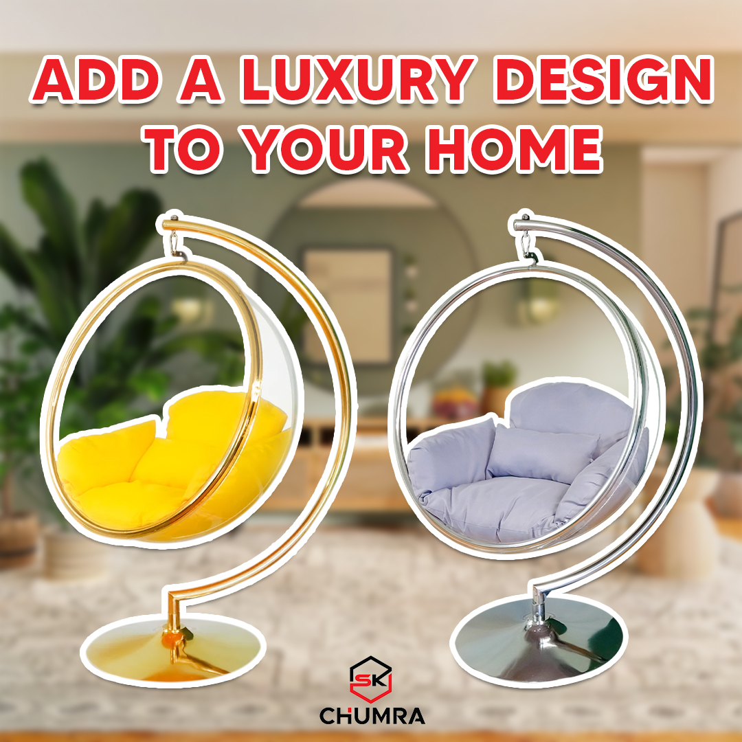 thumbnail video image 2 of SK CHUMRA Gold Bubble Chair Acrylic Swing with Stand, Cushion, Gold finish, 2 of 6