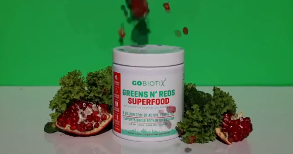 thumbnail video image 2 of (2 pack) GoBiotix Super Greens & Reds Organic Super Greens Powder with Probiotics for Digestion, 30 Servings, Mango Flavor, 2 of 10