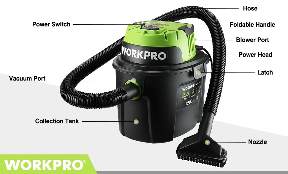 WORKPRO Wet Dry Vacuum, 2.5 Gallon, 3 Peak HP, Lightweight