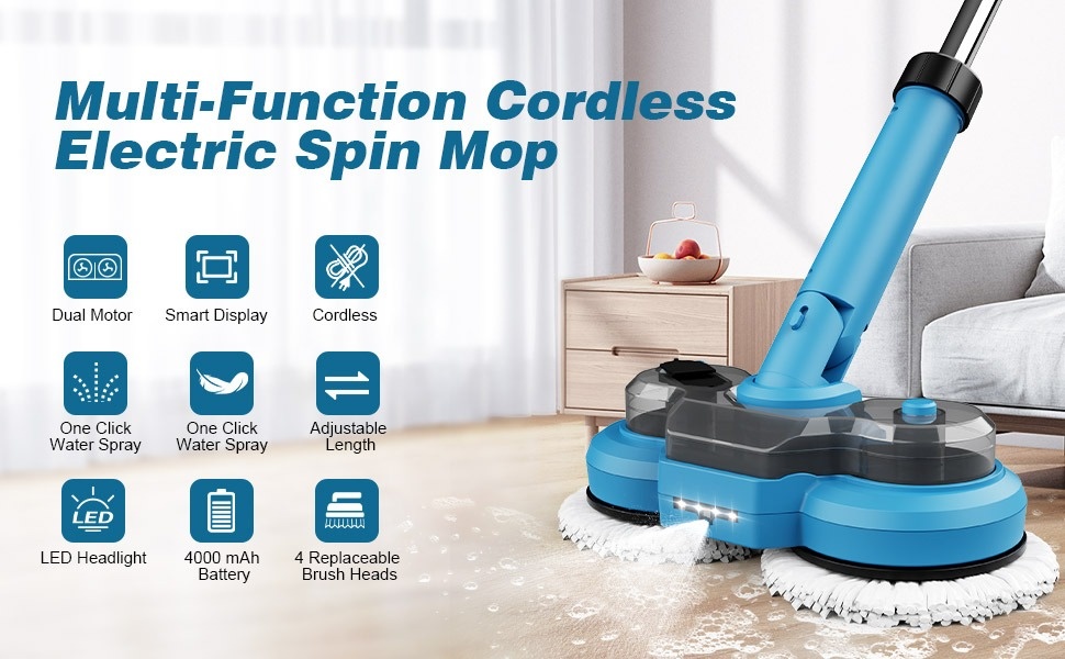 Amiluo Cordless Electric Mop, Floor Cleaner with LED