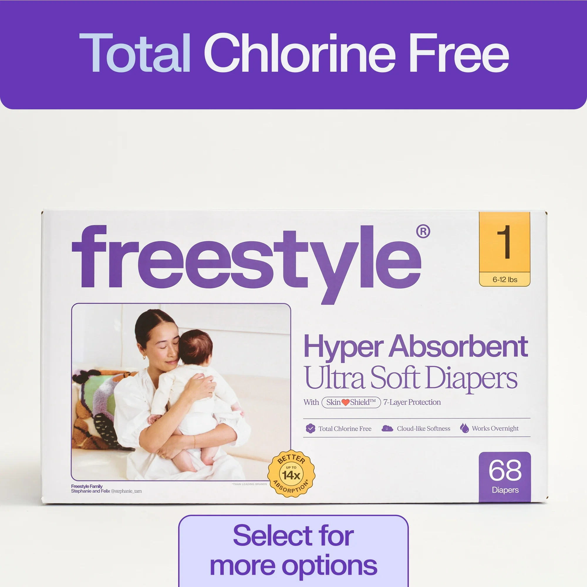 Freestyle Hyper Absorbent Ultra Soft TCF Baby Diapers, Size 1, 68