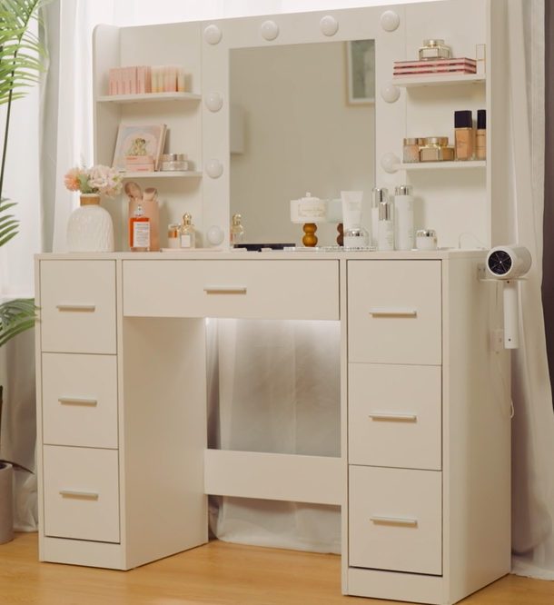 thumbnail video image 2 of Lacoo Vanity Desk with Mirror and LED Lights, Makeup Vanity with 7 Drawers & 4 Shelves, Vanity Table with Power Outlet for Bedroom Dressing Room, White, 2 of 8
