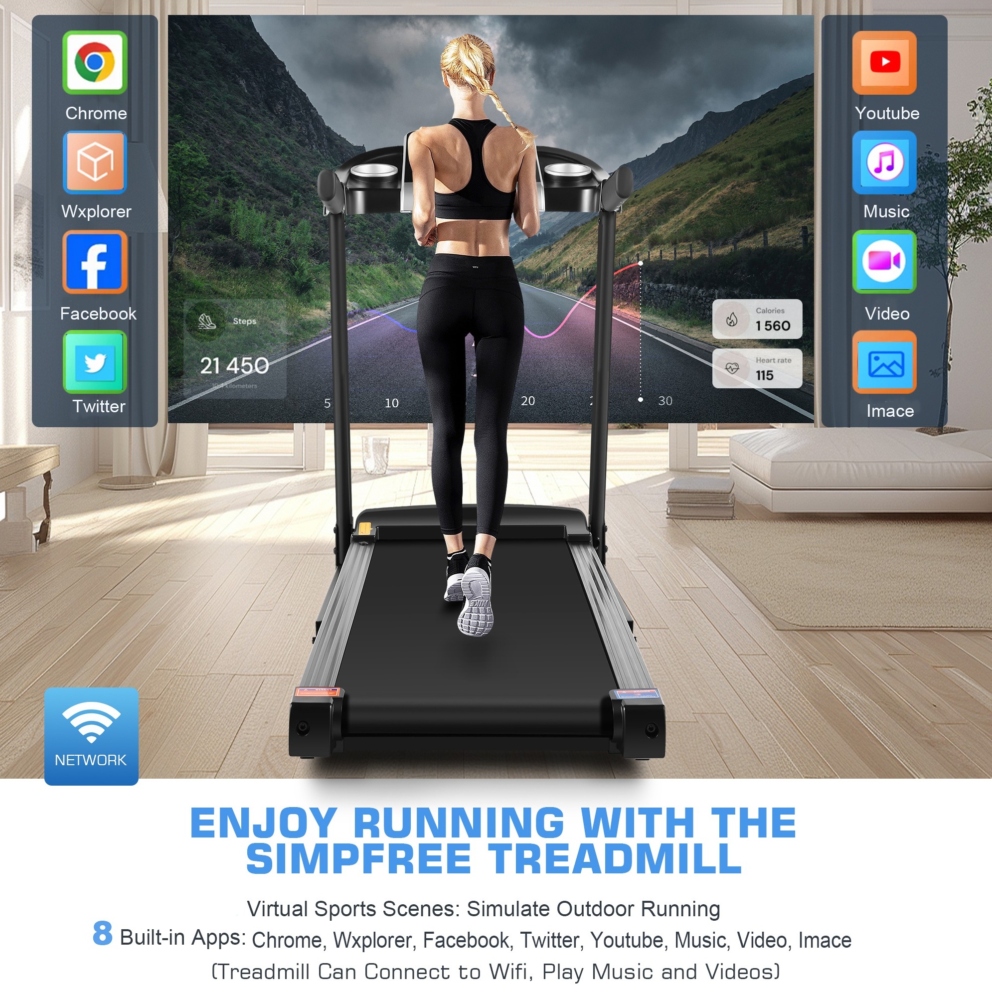 Simpfree Treadmill with 10" HD TV Movie Touchscreen and 3D Virtual Sports  Scene, mph/h Electric Treadmill with Incline for Home