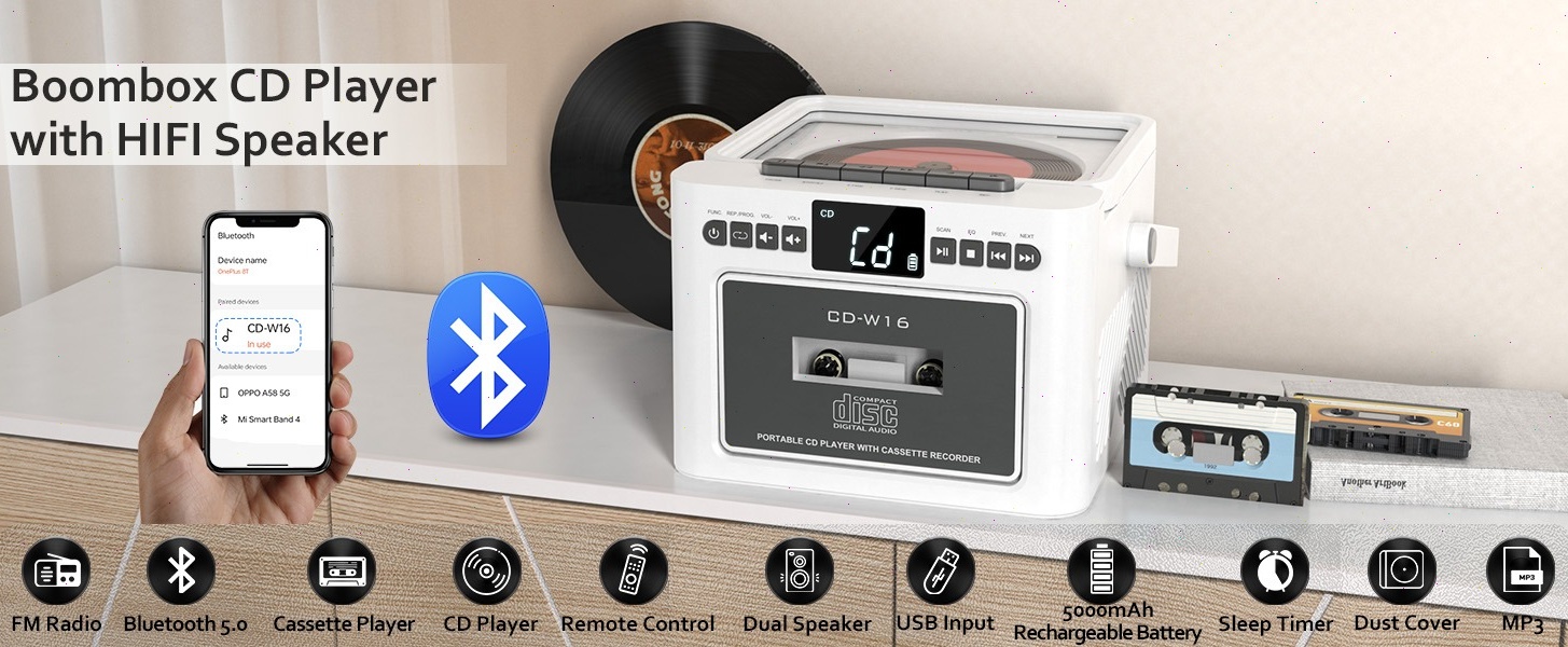 Greadio Rechargeable CD Cassette Player Boombox, Bluetooth, FM