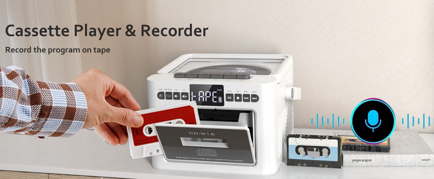 Greadio Rechargeable CD Cassette Player Boombox, Bluetooth, FM
