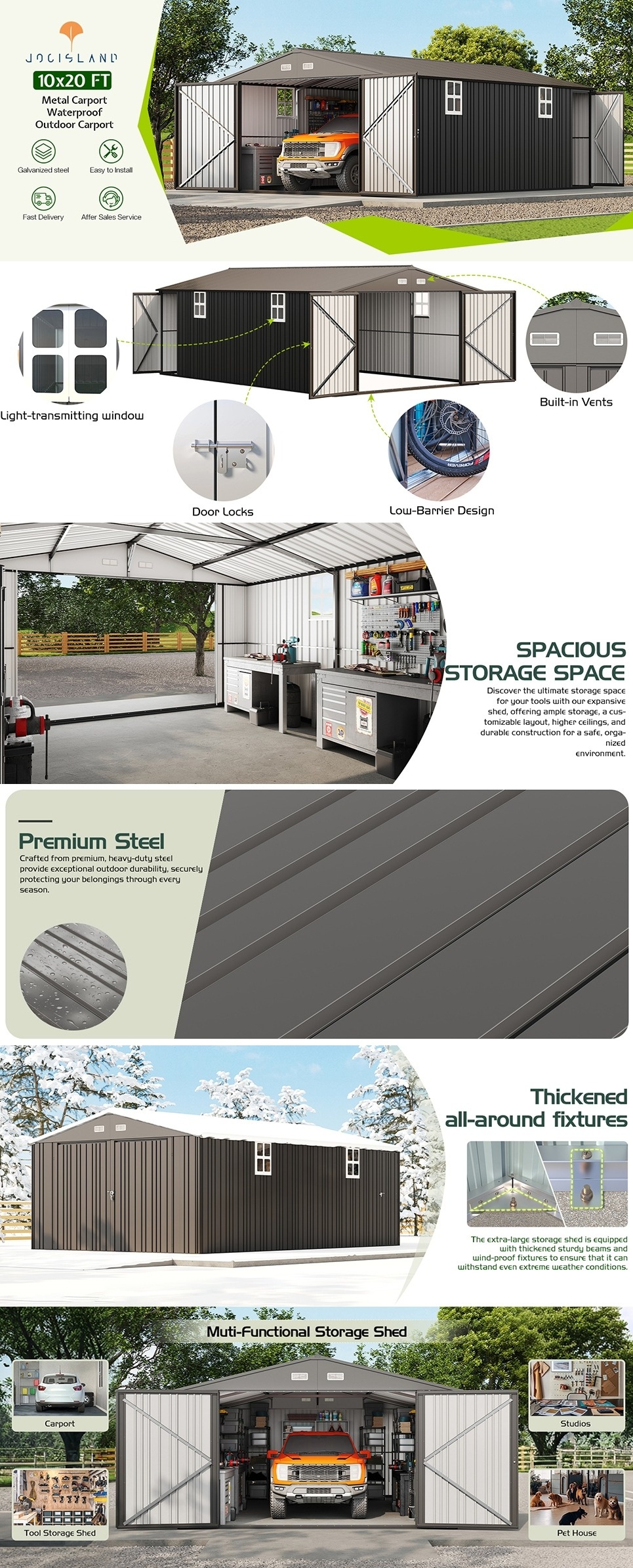 Jocisland 13.2x21x8 ft Outdoor Storage Shed, Huge Metal Garage