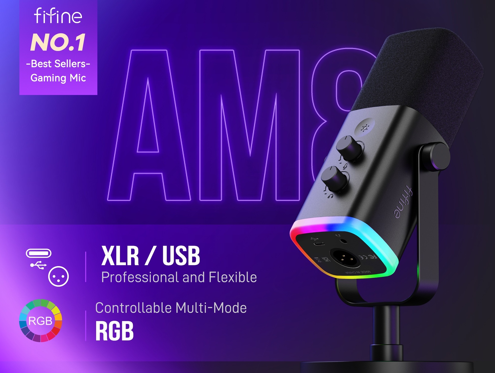 FIFINE AM8 XLR USB Dynamic Microphone, RGB Streaming/Podcast Mic