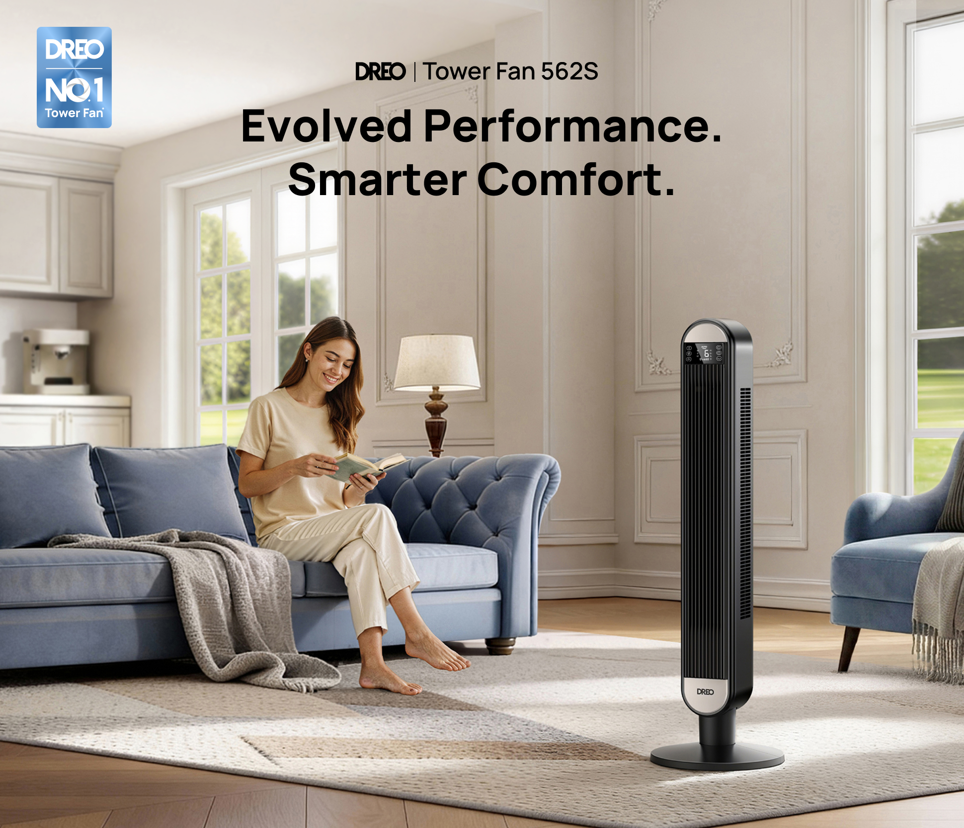 thumbnail video image 2 of DREO 42" Tower Fans for home, Standing Bladeless Fan with Remote, 90° Oscillating Fan with LED Display, 12H Timer, 6 Speeds, 4 Modes, 26 ft/S High Velocity, Ultra Quiet Bedroom Fans, 2 of 7