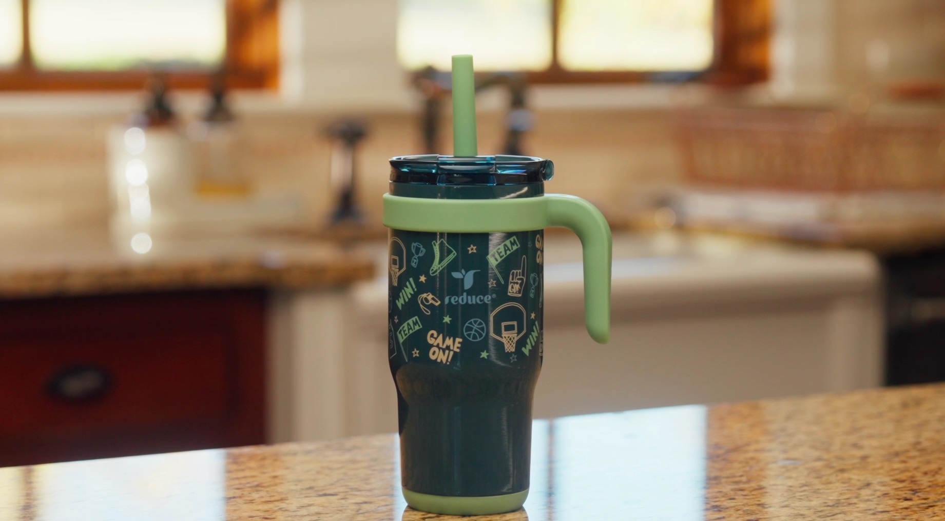 thumbnail video image 2 of Reduce Coldee Kids Tumbler with Spill-Proof Straw & Handle. Insulated Stainless Steel 18 oz, Deer Season, 2 of 7