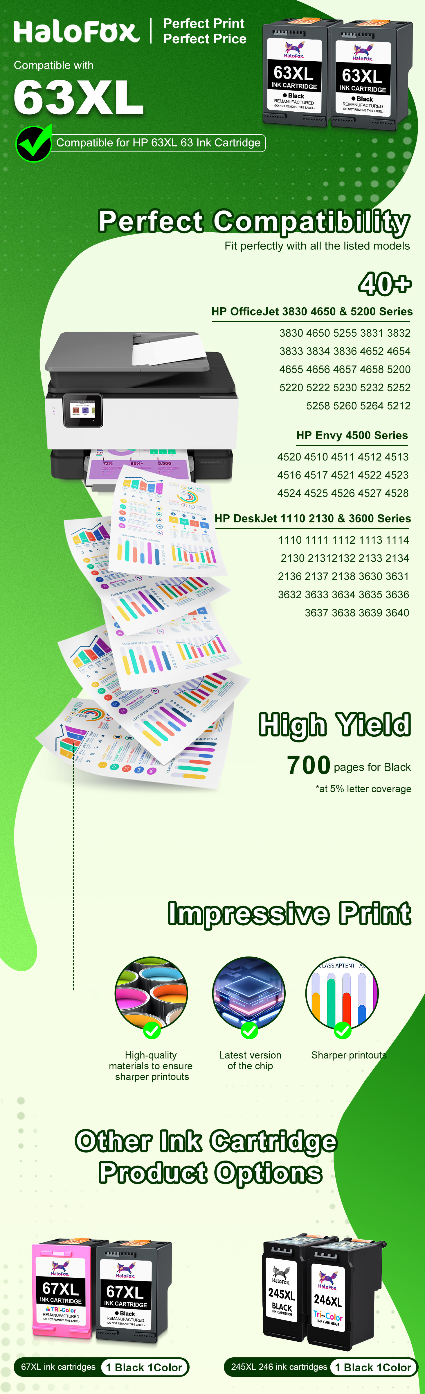 Halofox 63XL Black Ink Cartridges, Compatible with HP 63 Ink