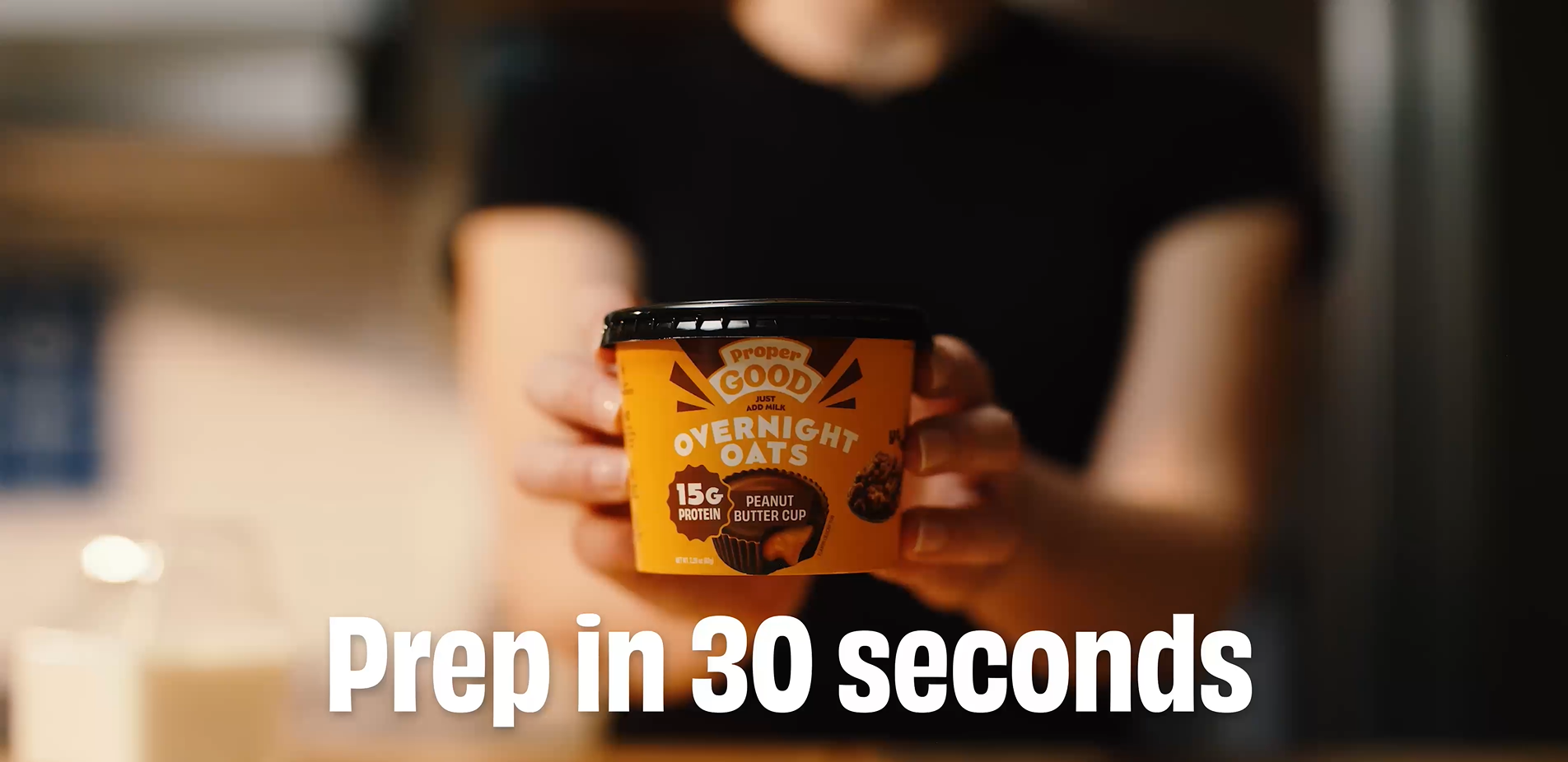 thumbnail video image 2 of Proper Good Peanut Butter Cup Overnight Oats, 15g Protein, Shelf-Stable 2.2 oz Tub, 2 of 15