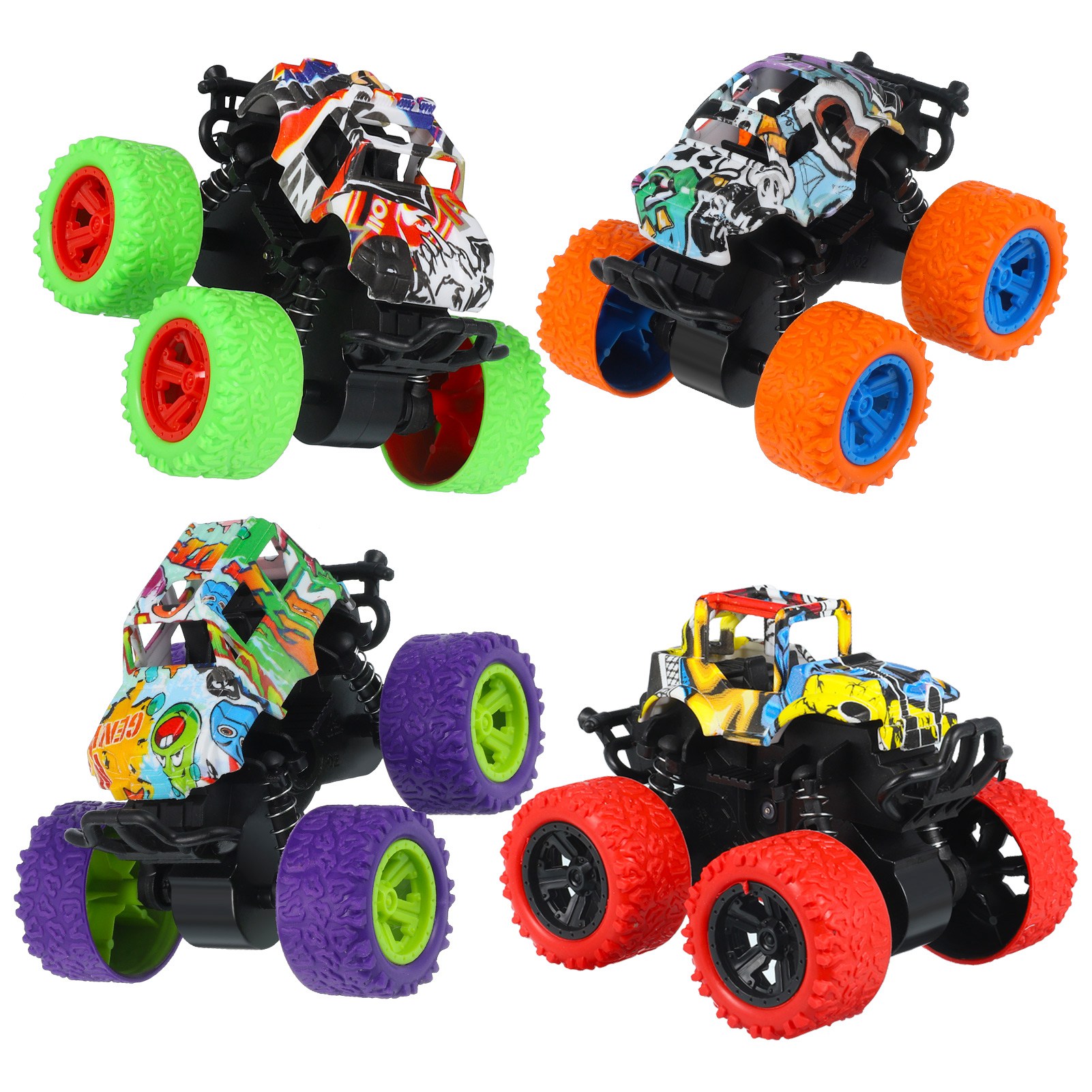 thumbnail video image 2 of Bocaoying 4 Pack Friction Powered Monster Trucks Toys,Push and Go Friction Powered Cars Vehicles Toys,Inertia Car Toy Set Stunt Toy Vehicles,Pull Back Vehicle Set for Boys Girls Aged 3 and Above, 2 of 9