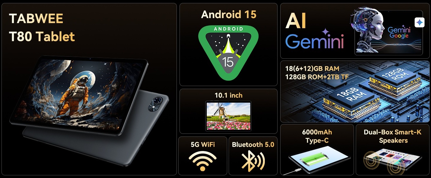 TABWEE, Android 16 AI Tablet, 10 Inch, 18GB RAM 128GB ROM