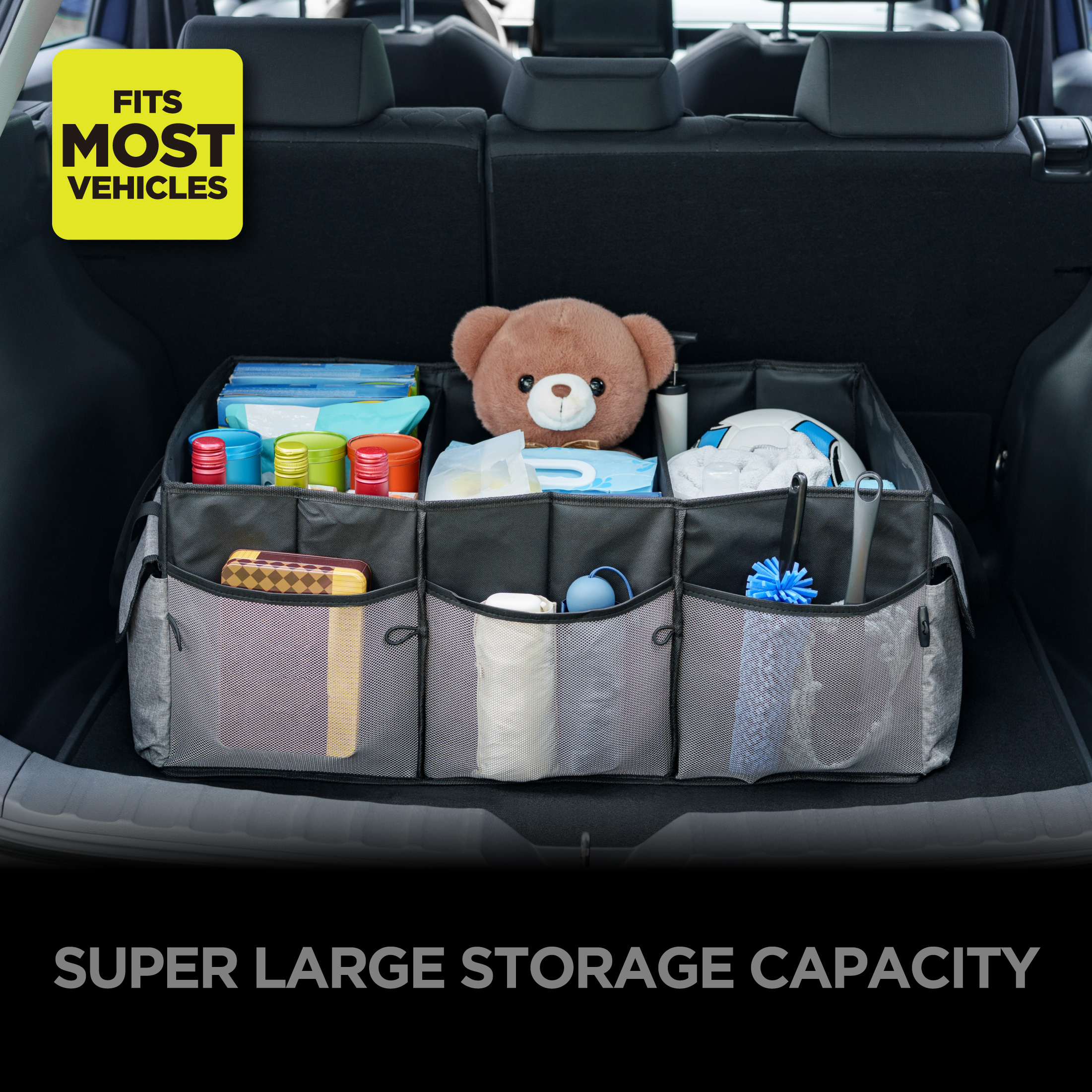 thumbnail video image 2 of Auto Drive Super Jumbo Trunk Collapsed Organizer for Car ,3 Compartments 26.77x16.33x11.22", 2 of 9