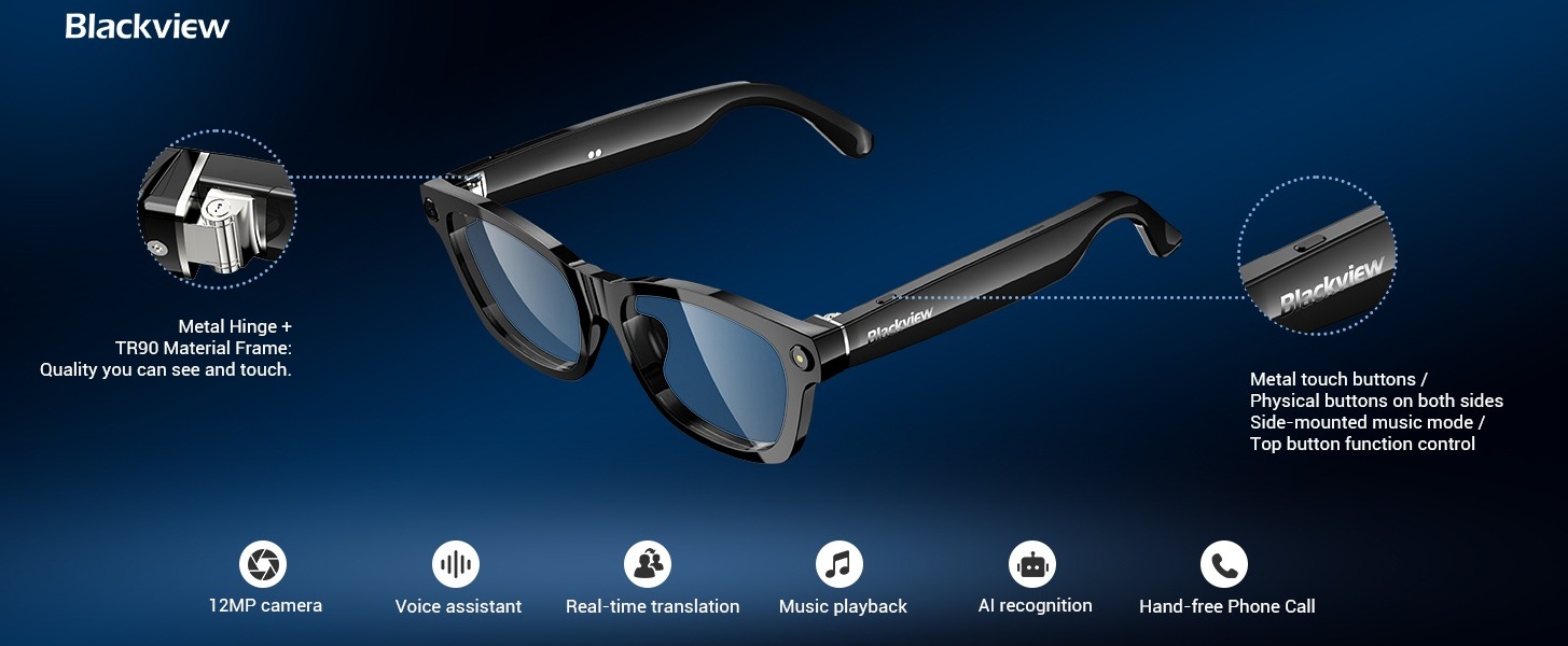 Blackview, AI Smart Glasses with Camera, 1080P, Real-Time