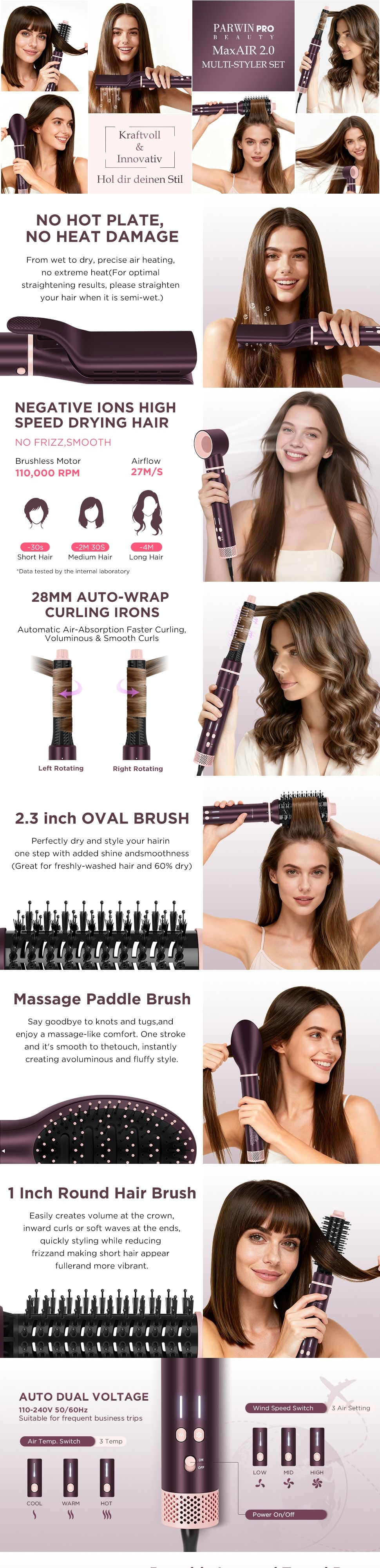 Dual Voltage Hot Air Styler, PARWIN PRO BEAUTY 7 in 1 Hair Styler