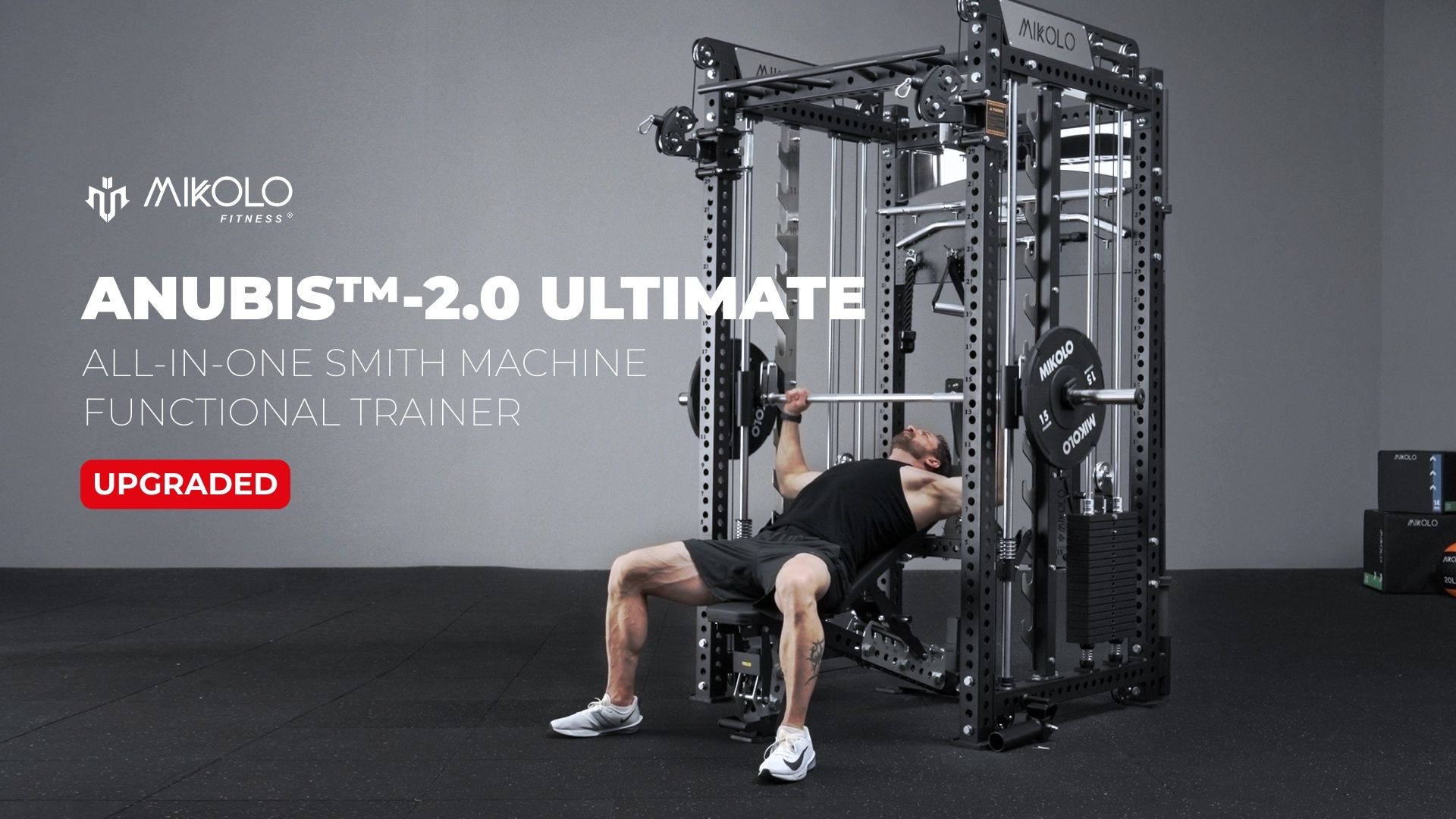 thumbnail video image 2 of Mikolo Anubis-2.0 Smith Machine with Weight Stack, 3“×3” All-in-One Power Cage with LAT Pulldown & Cable Crossover, 3200LBS Multi-Function Trainer with Aluminum Pulley System for Fitness Home Gym, 2 of 26