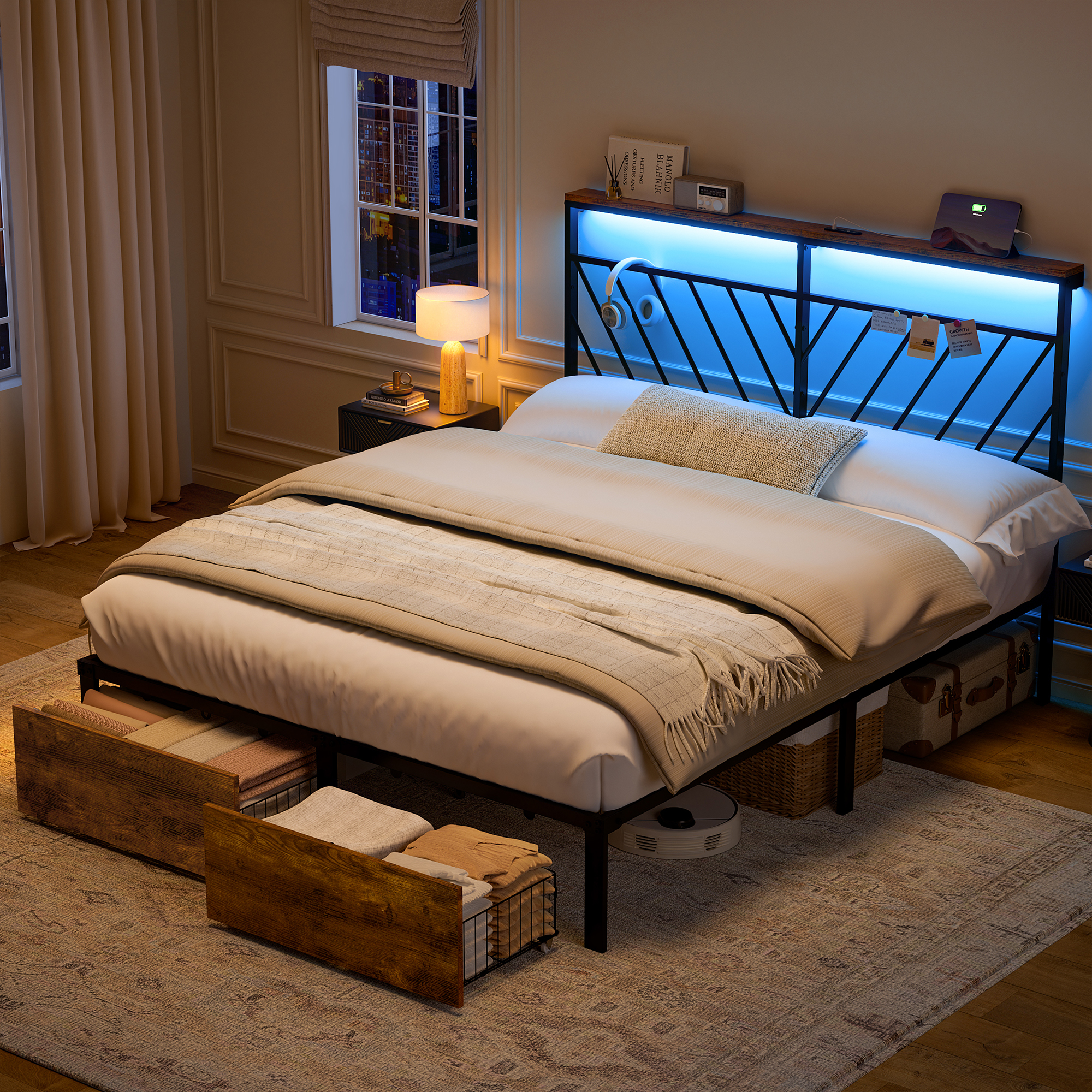 thumbnail video image 2 of GUNAITO Queen Bed Frame with 48.8 " High Storage Headboard and 2 Drawers, Metal Platform Bed with LED & Charging Station, Rustic Brown, 2 of 11