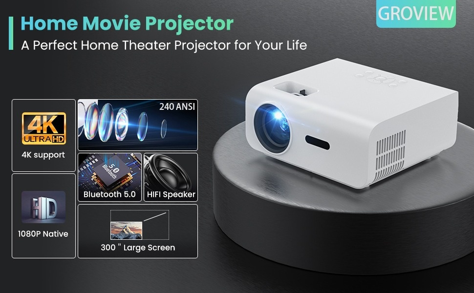 GROVIEW プロジェクター 4K対応5GWiFiBluetooth5.1搭載 Groview 1080P Projector with 5G WiFi and Bluetooth, 240 ANSI