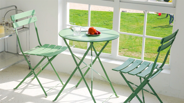 thumbnail video image 2 of Grand Patio Metal 3-Piece Folding Bistro Table and Chairs Set, Outdoor Patio Dining Furniture for Small Spaces, Balcony, Mint Green, 2 of 7