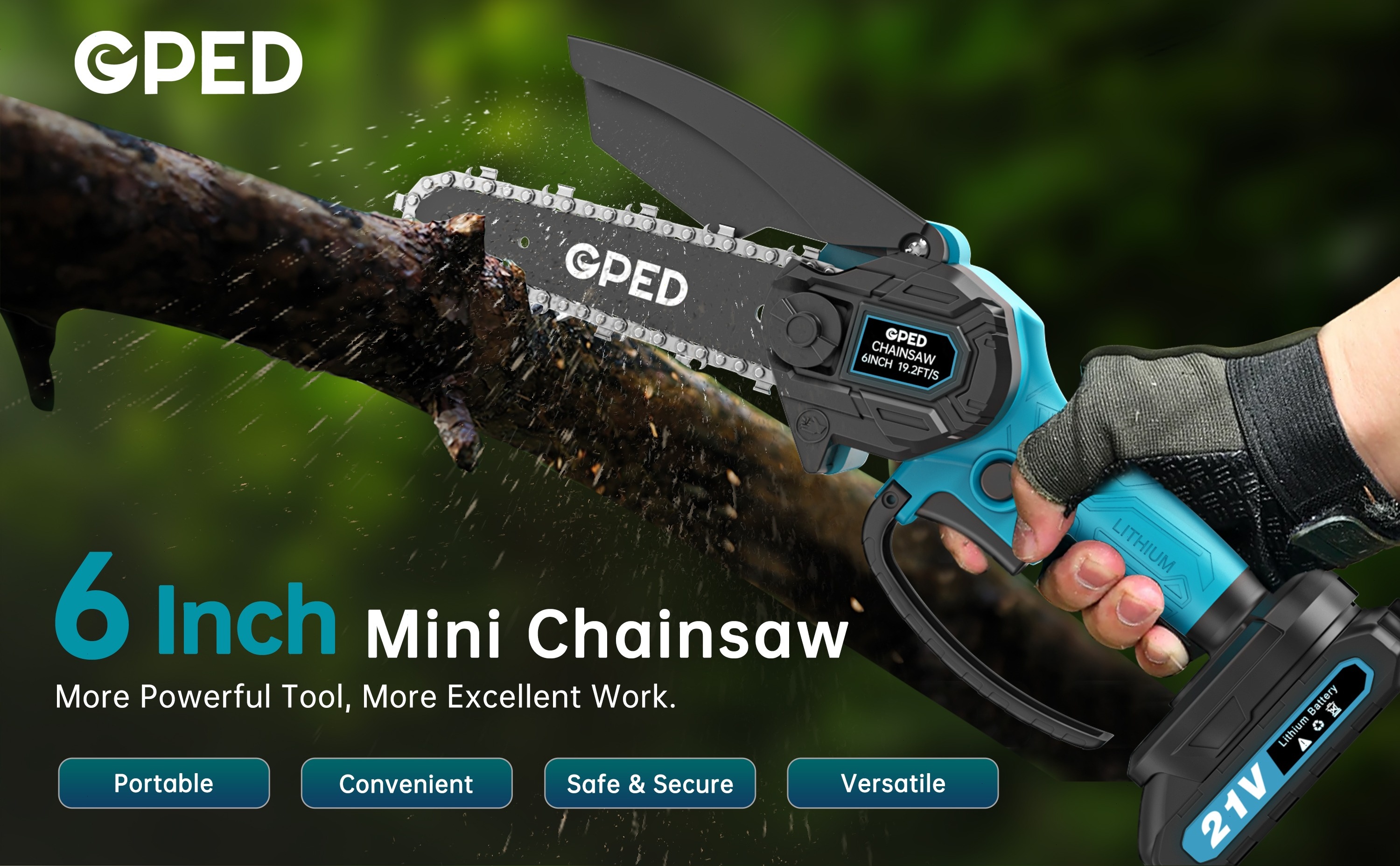 GPED Mini Chainsaw, 6 inch Portable Electric Chainsaw Cordless