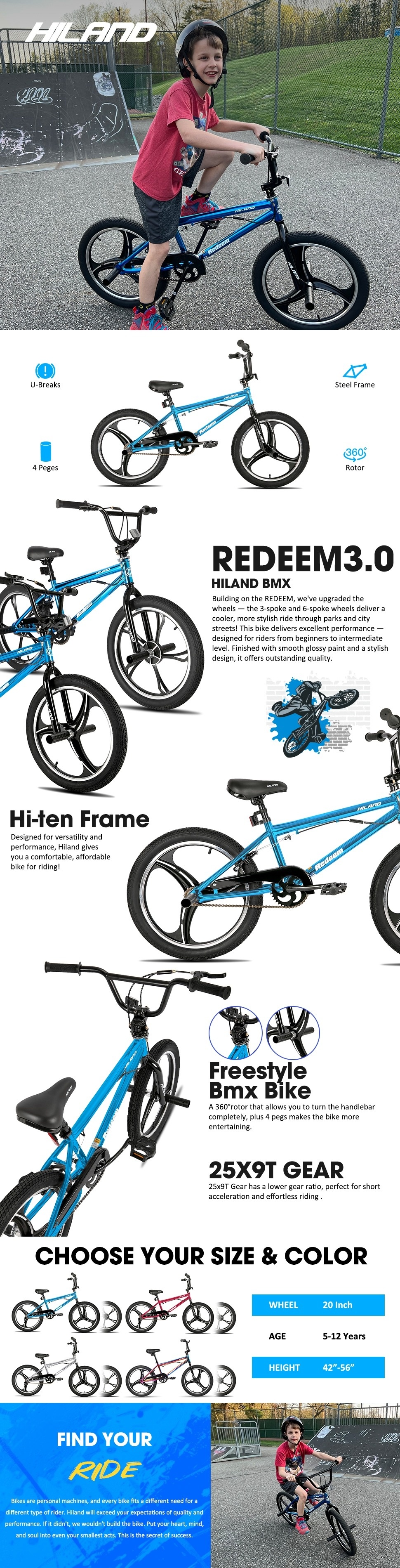 HILAND, Kids' 20 Inch BMX Bike, 5-Spoke, Red, Designed for Ages 7+