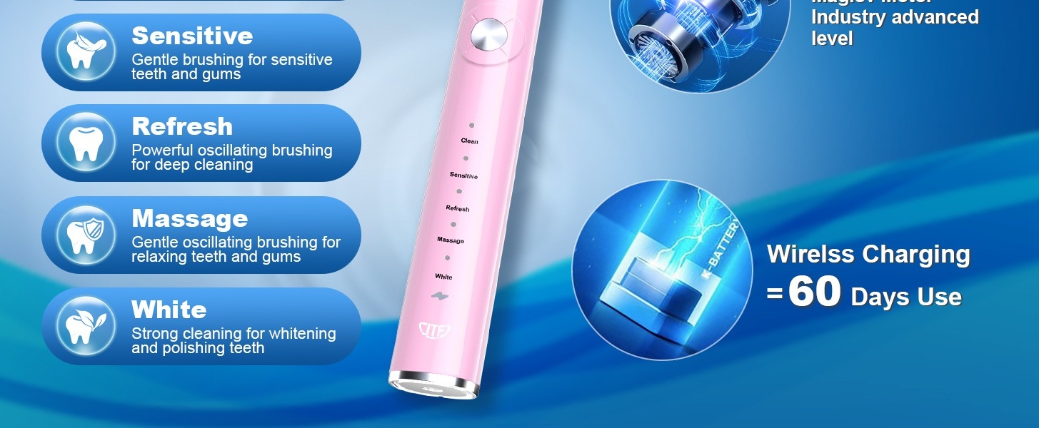 JTF Sonic Electric Toothbrush P200, 6 Brush Heads, 5 Modes, 40000