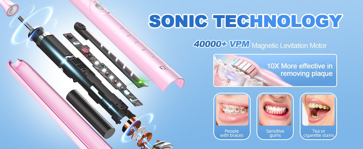 JTF Sonic Electric Toothbrush P200, 6 Brush Heads, 5 Modes, 40000