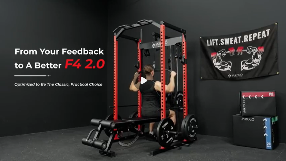 thumbnail video image 2 of Mikolo Power Rack Cage with LAT Pulldown System, 1200 lbs Capacity Power Rack with 800 lbs Capacity Weight Bench and 1500 lbs Capacity Barbell Combo (Upgraded), 2 of 17