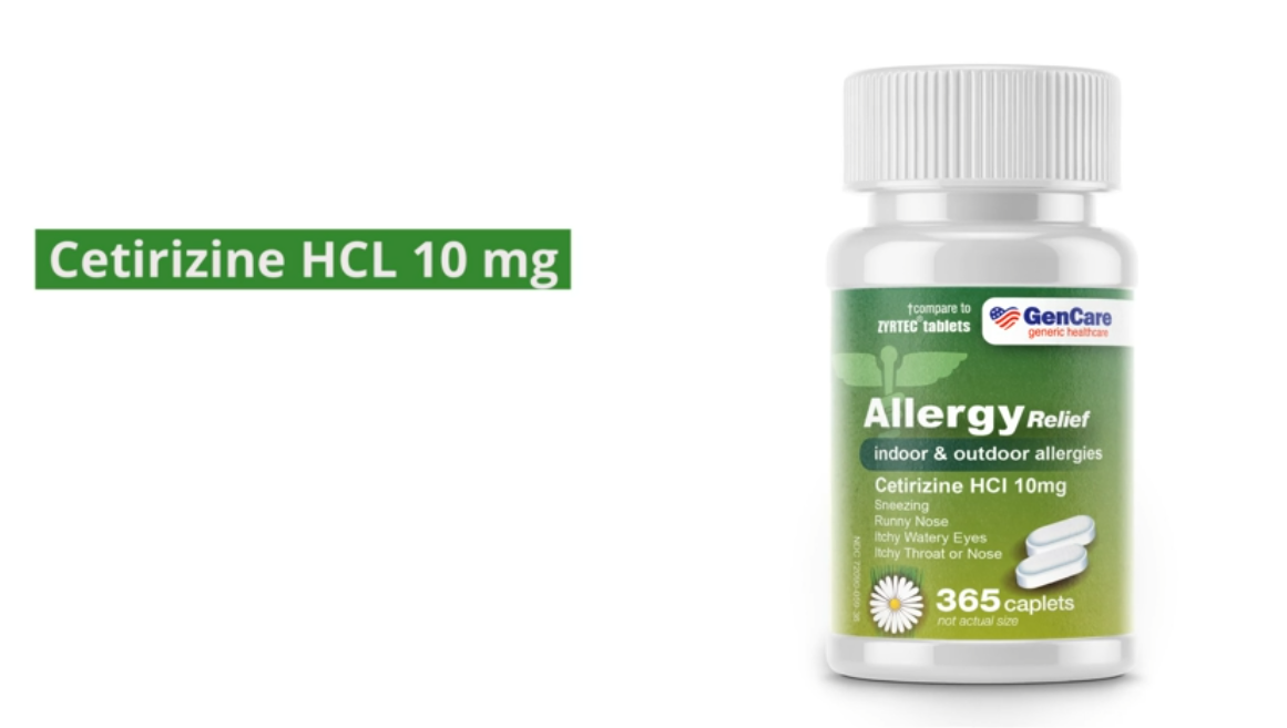 thumbnail video image 2 of GenCare 24 Hour Allergy Relief Cetirizine HCl 10mg for Allergy Relief, 200 Caplets, 2 of 8