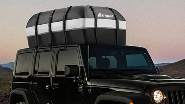 thumbnail video image 2 of Car Top Cargo Carrier 21 Cubic ft Bag with Reflective Strip, 840D PVC Soft Roof Top Cargo Bag 100% Waterproof Fit for All Vehicle with/without Rack, Black, 2 of 9