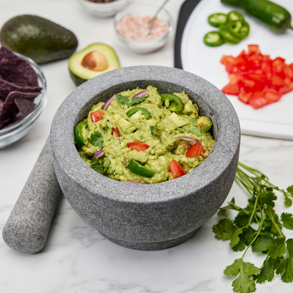 Set di mortaio e pestello, ciotola Guacamole in marmo naturale lucidato, macina e frantoio, con tappetino in silicone e cucchiaio, 300 ml (medio, grigio scuro