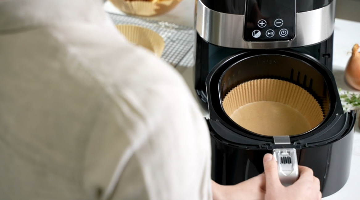 thumbnail video image 2 of GUSTO 6.3" Air Fryer Liners Disposable Parchment Paper Rounds, 125-Pack, 2 of 6