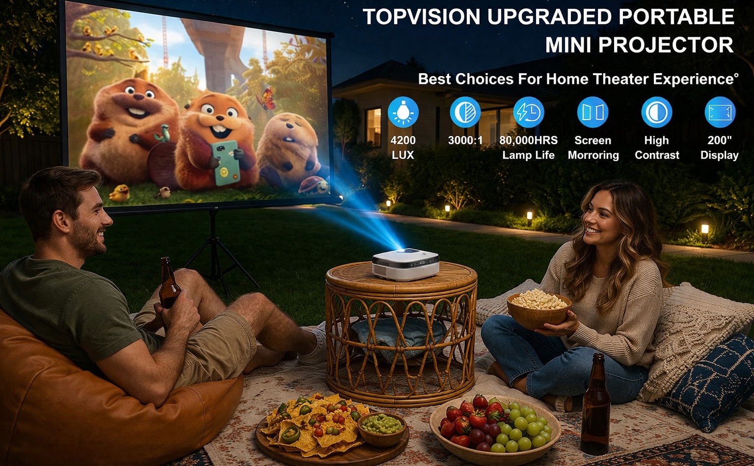 TOPVISION 1080P Mini Projector with Bluetooth,Keystone Correction