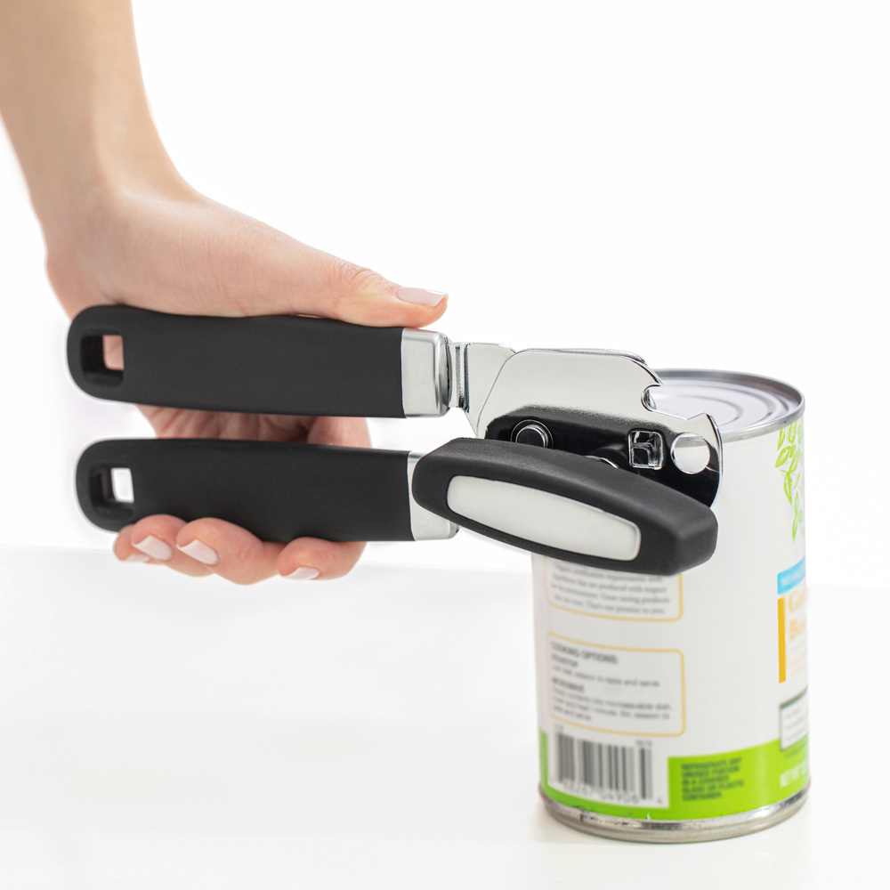 thumbnail video image 2 of GORILLA GRIP Stainless Steel Manual Can Opener, Soft Touch Handle, Built-In Bottle Opener, Lavender, 2 of 10