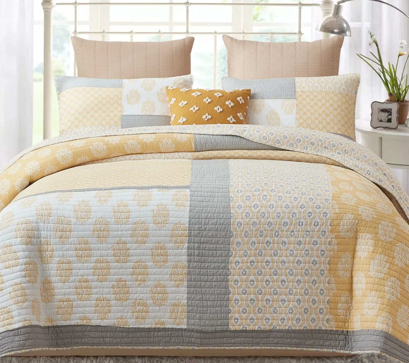 Soforpring 100% Cotton California King Bedspread - Gray Farmhouse Plaid Pattern, Reversible Rustic Quilt Coverlet Set (3 Piece) - View #13