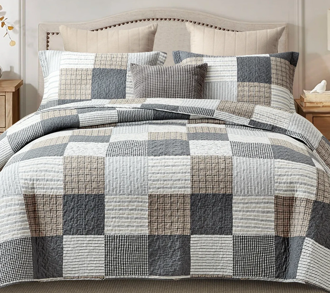 Soforpring 100% Cotton California King Bedspread - Gray Plaid Farmhouse Quilt Set, Reversible Coverlet, 3-Piece