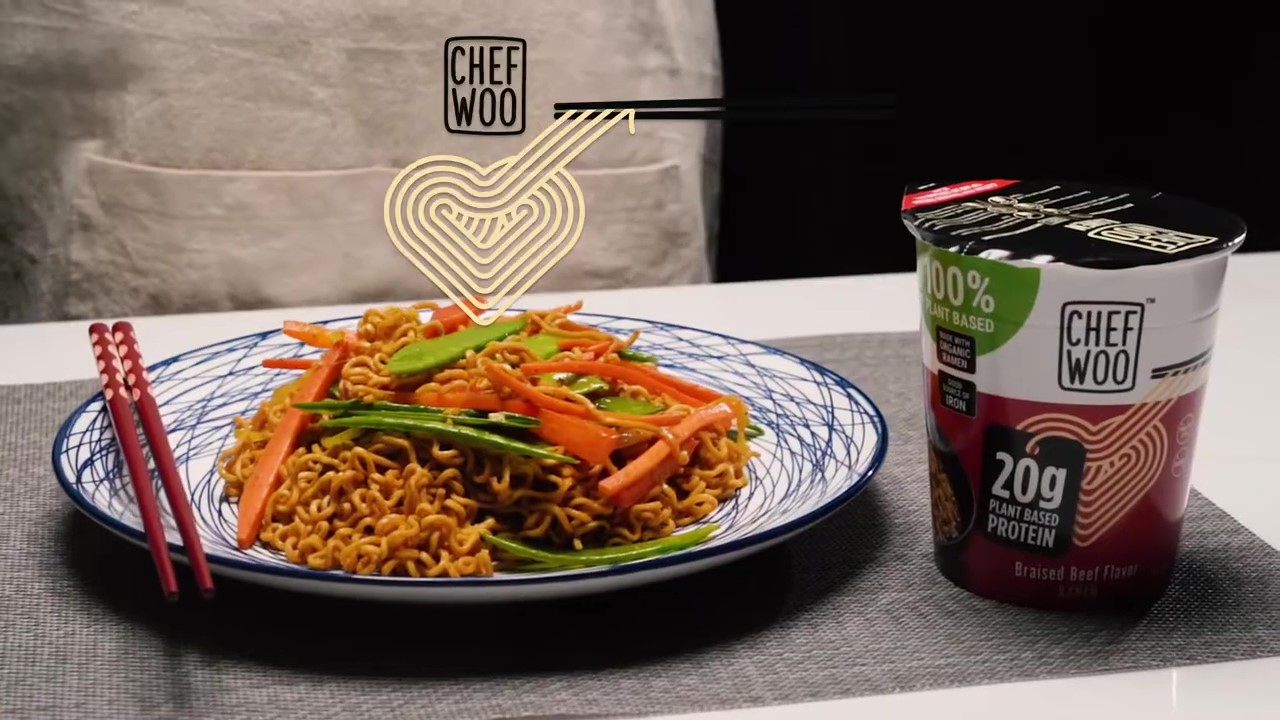 thumbnail video image 2 of CHEF WOO Braised Beef Ramen Cup High Protein Noodles (12 PACK), 20g of Animal-free, Bioavailable Protein | Made in U.S. |, 2 of 15