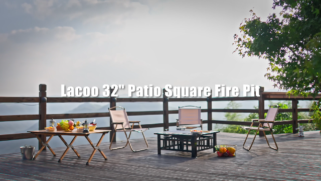 thumbnail video image 2 of Lacoo 32" Patio Square Fire Pit Table for Patio Backyard BBQ, Ice Storage with Mesh Lid, Poker and Cover, Black, 2 of 12