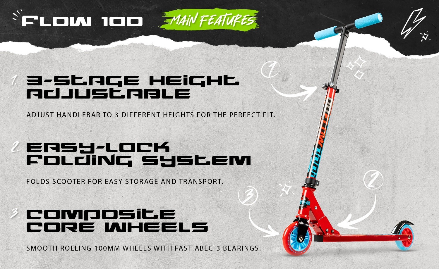 Madd Gear Flow 100 Folding Kids Inline Kick Scooter, Height