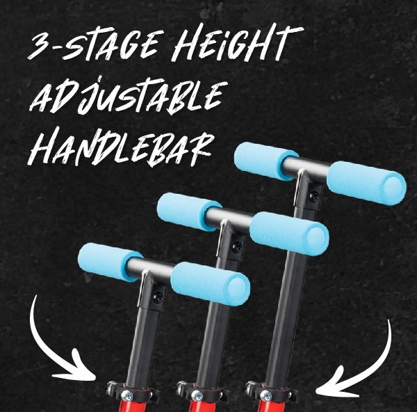 Zoomed in shot of the handlebar being adjusted to 3 different heights. Text says