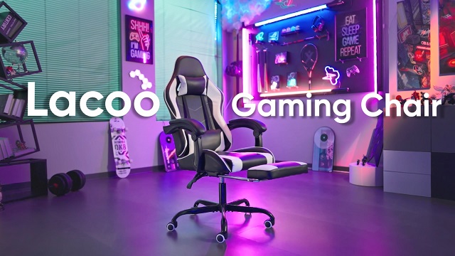 thumbnail video image 2 of Lacoo PU Leather Gaming Chair Massage Ergonomic Gamer Chair Height Adjustable Computer Chair with Footrest & Lumbar Support,Red, 2 of 10