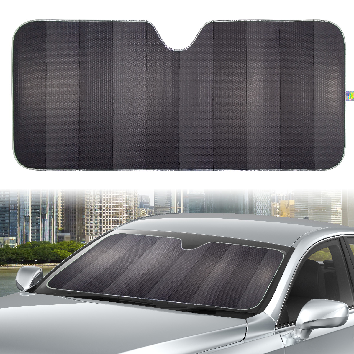 thumbnail video image 3 of Auto Drive Holographic Black Accordion Sunshade Universal Size 1 pack, 63'' x 28.5'', 3 of 14